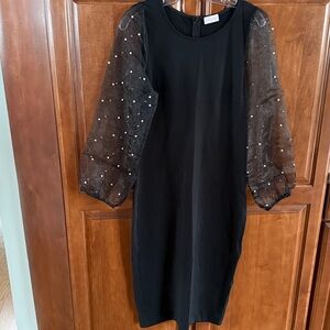 Pink Lily Black Dress with Sheer Pearl Embellished Sleeves
